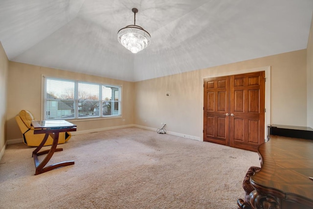 living area featuring lofted ceiling, carpet, and a notable chandelier