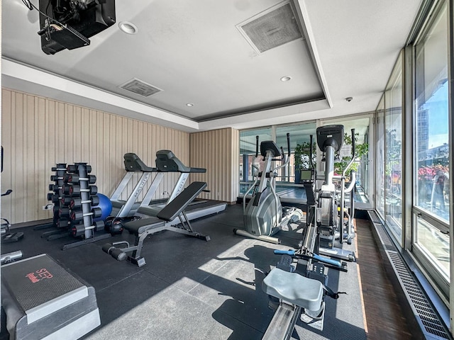 workout area featuring a raised ceiling