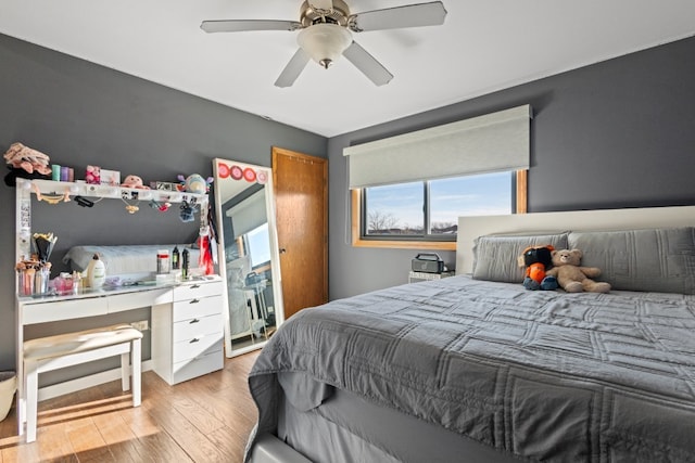 bedroom with ceiling fan and light wood-type flooring