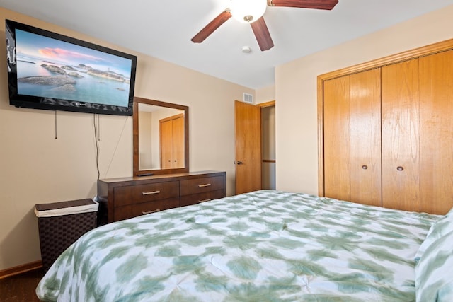 bedroom with ceiling fan and a closet