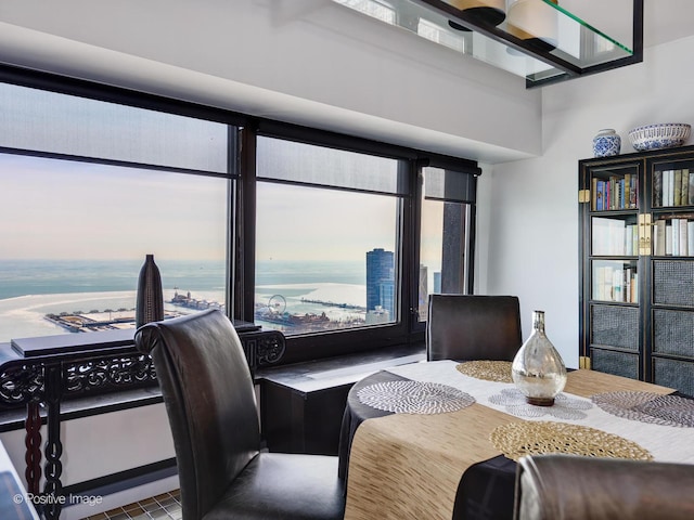 dining space with a water view