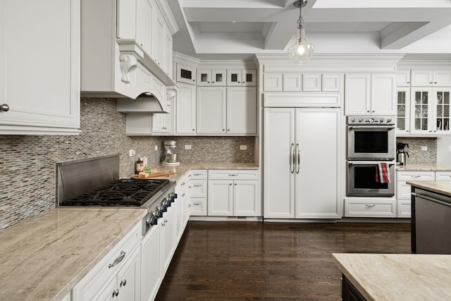 326 E Central Rd, Arlington Heights, IL 60005 - kitchen with white cabinetry, appliances with stainless steel finishes, decorative light fixtures, and light stone counters