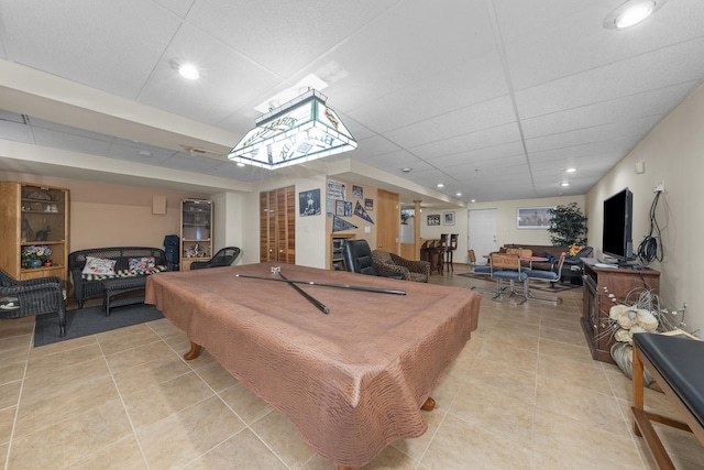 game room with light tile patterned flooring, a drop ceiling, and billiards