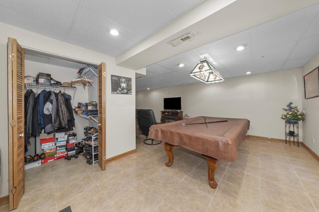 playroom featuring a drop ceiling, light tile patterned floors, and pool table