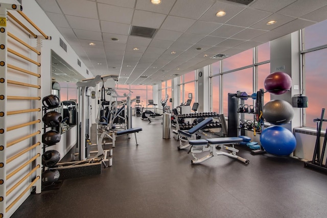 workout area with a paneled ceiling and a wall of windows