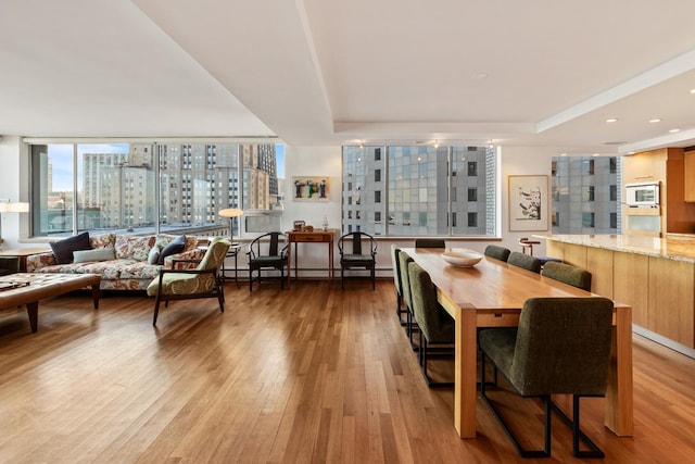 dining room featuring light hardwood / wood-style flooring and a raised ceiling