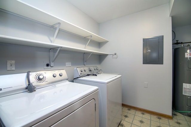 washroom featuring electric panel, water heater, and washing machine and dryer