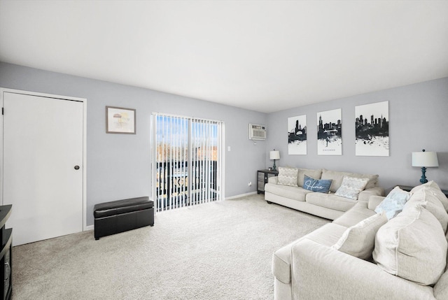 carpeted living room featuring a wall unit AC