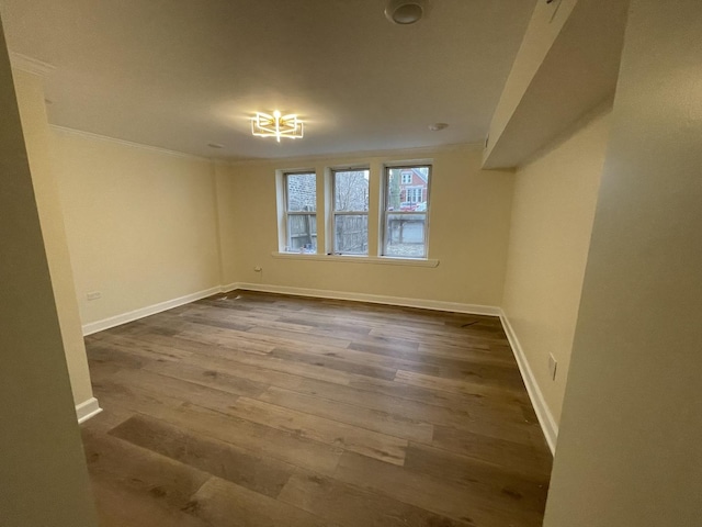 spare room featuring wood-type flooring and ornamental molding