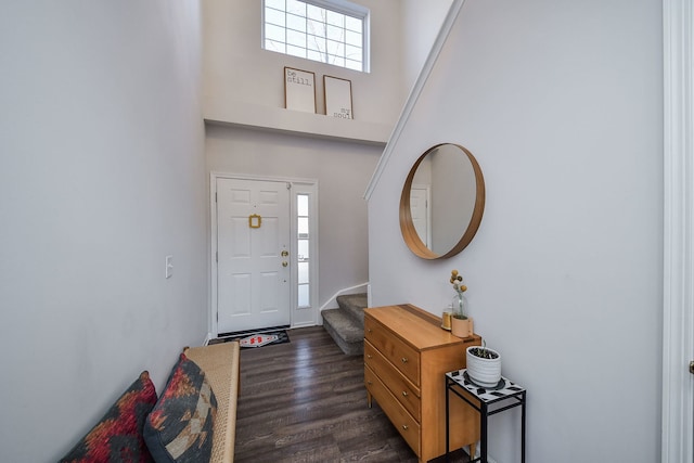 foyer entrance with a towering ceiling and dark hardwood / wood-style flooring