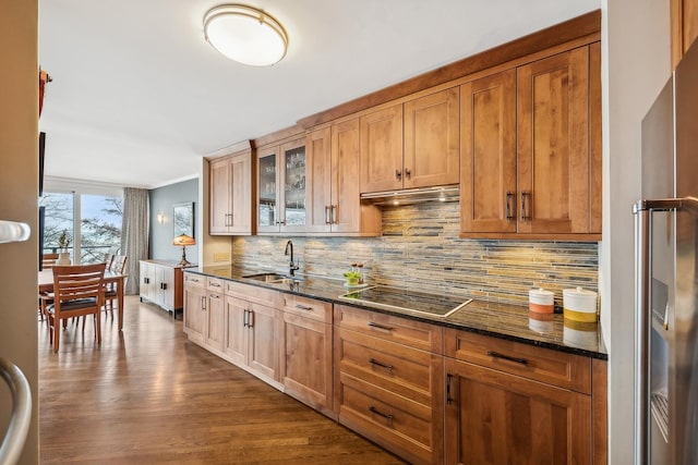 kitchen with high quality fridge, stovetop, sink, dark stone countertops, and backsplash