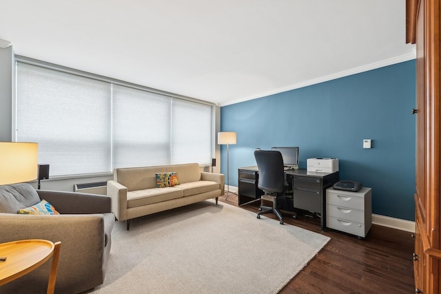 office featuring ornamental molding and dark hardwood / wood-style floors