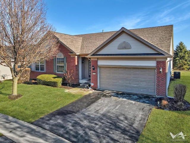 ranch-style house featuring a garage, brick siding, driveway, roof with shingles, and a front yard