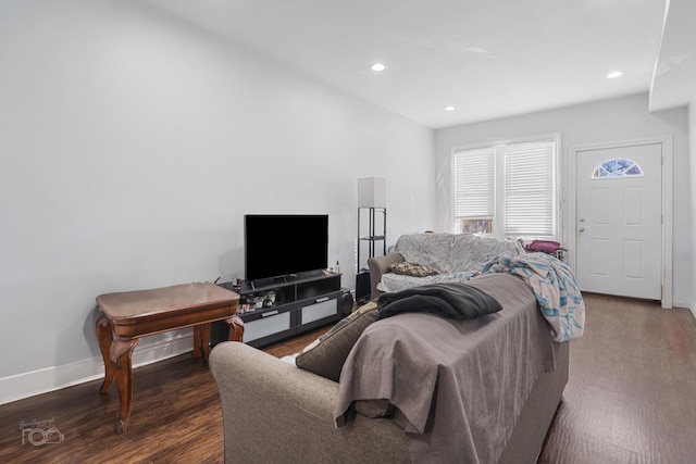 living room with dark hardwood / wood-style flooring