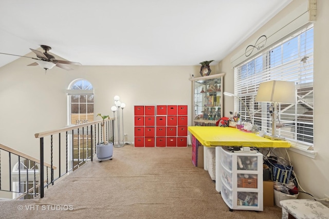 interior space with vaulted ceiling and carpet