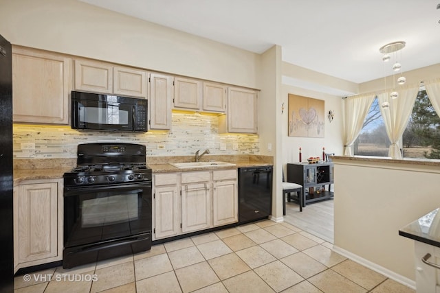 kitchen with sink, backsplash, black appliances, light tile patterned flooring, and light brown cabinets