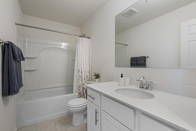 full bathroom with tile patterned flooring, vanity, shower / bathtub combination with curtain, and toilet