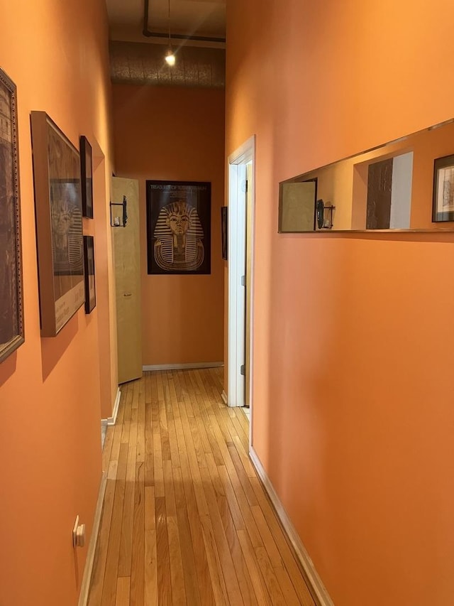 hall with light hardwood / wood-style floors and a high ceiling