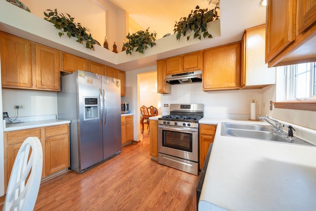 kitchen with appliances with stainless steel finishes, sink, and light wood-type flooring