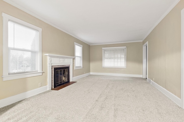 unfurnished living room with ornamental molding, light carpet, and a brick fireplace