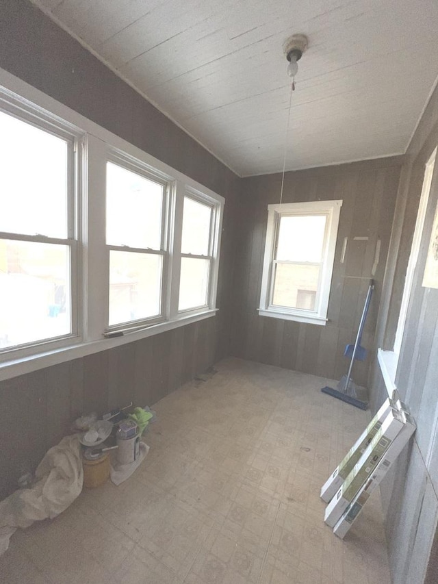 unfurnished dining area with a healthy amount of sunlight and wood walls