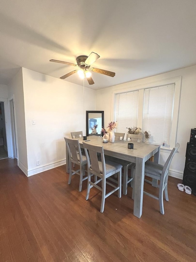 dining space with dark wood-type flooring and ceiling fan