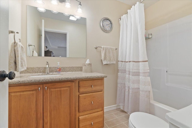 full bathroom with vanity, toilet, and shower / bathtub combination with curtain