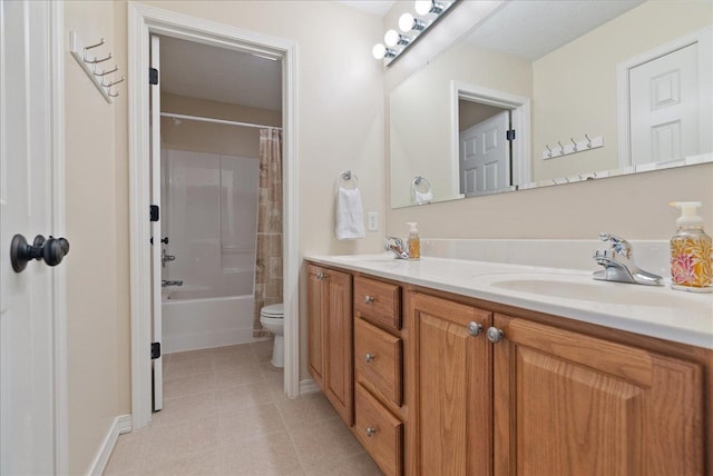 full bathroom with shower / bathtub combination with curtain, vanity, toilet, and tile patterned floors