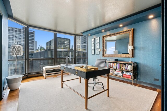 office space with light hardwood / wood-style flooring and floor to ceiling windows