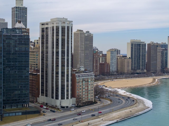 view of city with a water view and a view of the beach