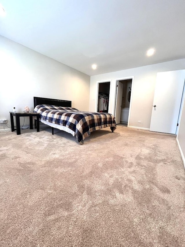 carpeted bedroom featuring a walk in closet and a closet