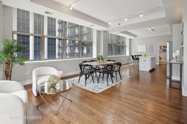 dining room featuring hardwood / wood-style floors and a tray ceiling