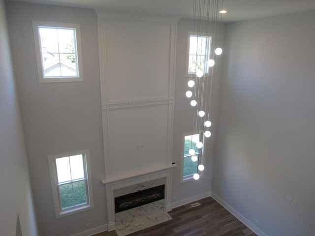 foyer featuring a premium fireplace and dark hardwood / wood-style floors