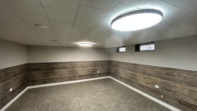 basement featuring wooden walls and carpet flooring