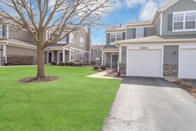 2574 Golf Ridge Cir, Naperville, IL 60563 - view of front facade with stone siding, aphalt driveway, a garage, and a front yard