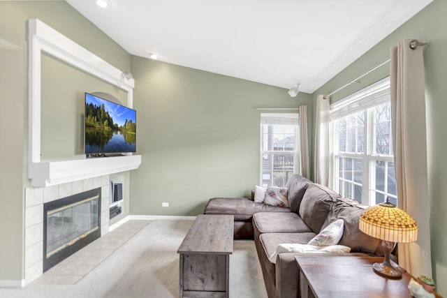 2574 Golf Ridge Cir, Naperville, IL 60563 - living area with vaulted ceiling, a fireplace, baseboards, carpet flooring, and recessed lighting
