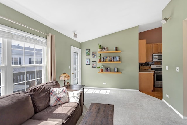 2574 Golf Ridge Cir, Naperville, IL 60563 - living area featuring lofted ceiling, baseboards, and carpet floors