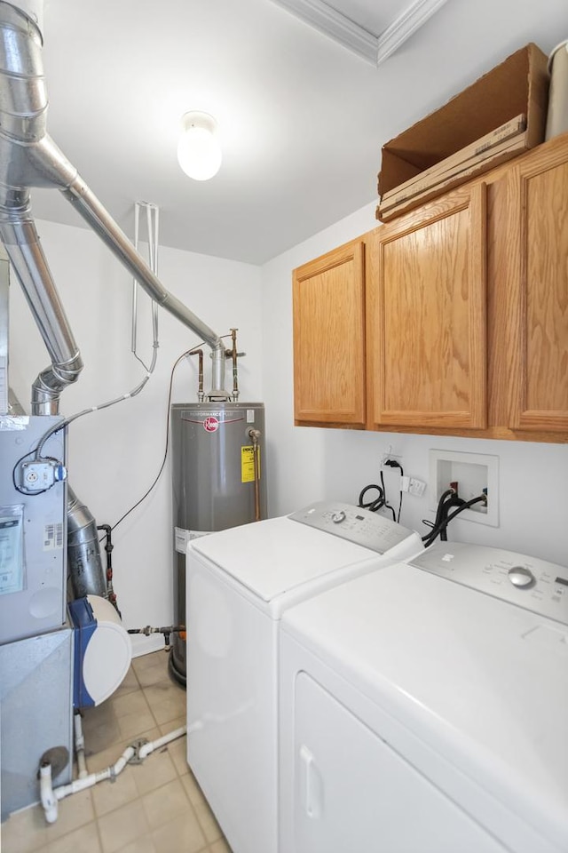 2574 Golf Ridge Cir, Naperville, IL 60563 - clothes washing area featuring washing machine and dryer, water heater, cabinet space, and crown molding