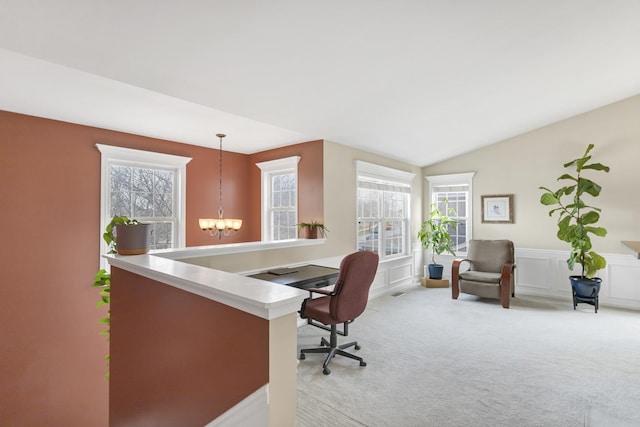 2574 Golf Ridge Cir, Naperville, IL 60563 - office space with vaulted ceiling, wainscoting, light colored carpet, and an inviting chandelier