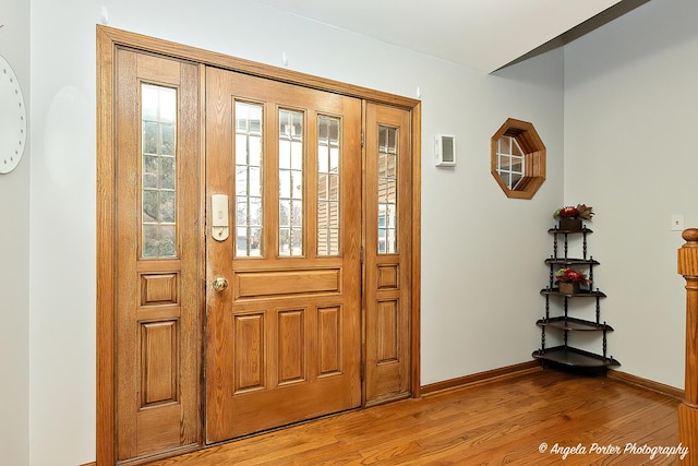 foyer entrance with hardwood / wood-style flooring