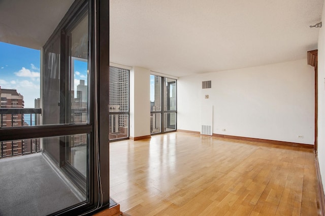 spare room featuring floor to ceiling windows and light wood-type flooring