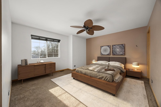 bedroom with ceiling fan and carpet flooring