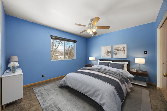 carpeted bedroom featuring ceiling fan and a closet