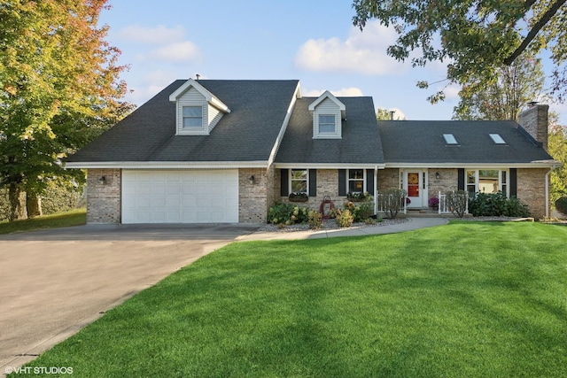 new england style home featuring a porch, a garage, and a front lawn