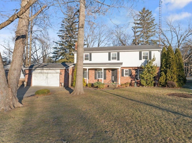 front facade with a garage, covered porch, and a front yard