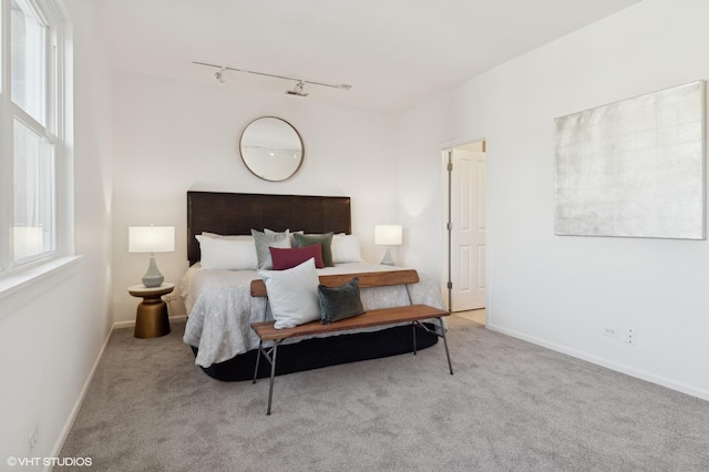 carpeted bedroom with rail lighting