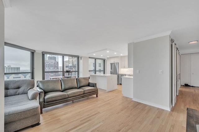 living room featuring ornamental molding and light wood-type flooring