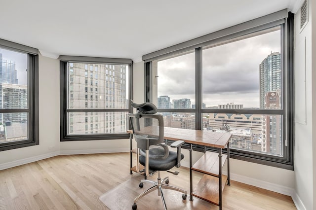 home office featuring a healthy amount of sunlight and light wood-type flooring