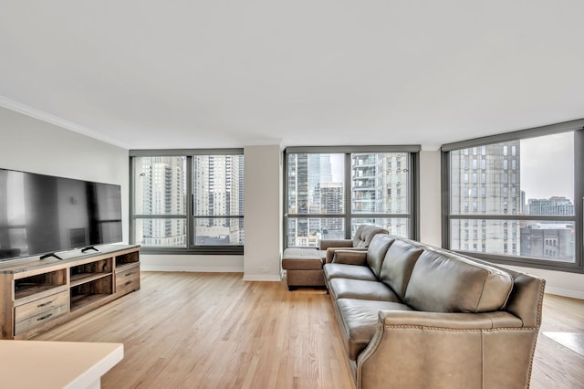 living room with crown molding, plenty of natural light, and light wood-type flooring