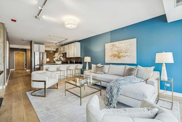 living room featuring light hardwood / wood-style flooring and track lighting